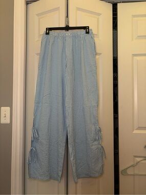 aerie Light Blue Gingham Wide-Leg Tie-Hem Pants